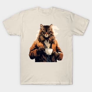 Maine Coon Cat Drinking Coffee T-Shirt